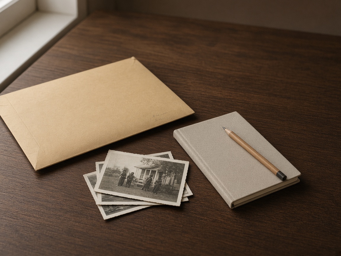 Wooden table with an archival envelope, old photographs, a notebook, and a pencil