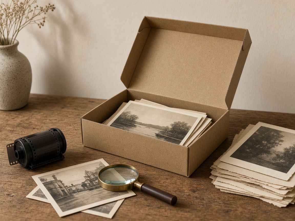 Archival photo box with film, a magnifying glass, and old paper photographs