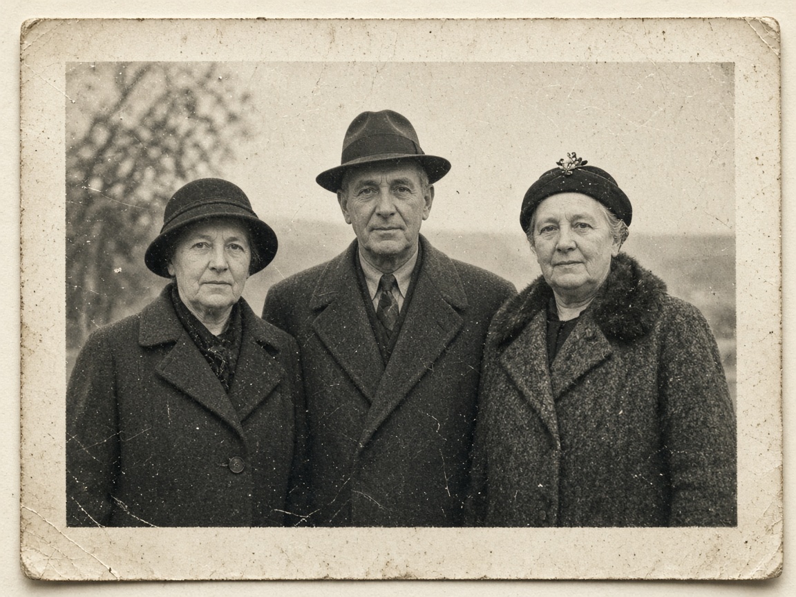 Vintage family photograph with scratches and worn corners