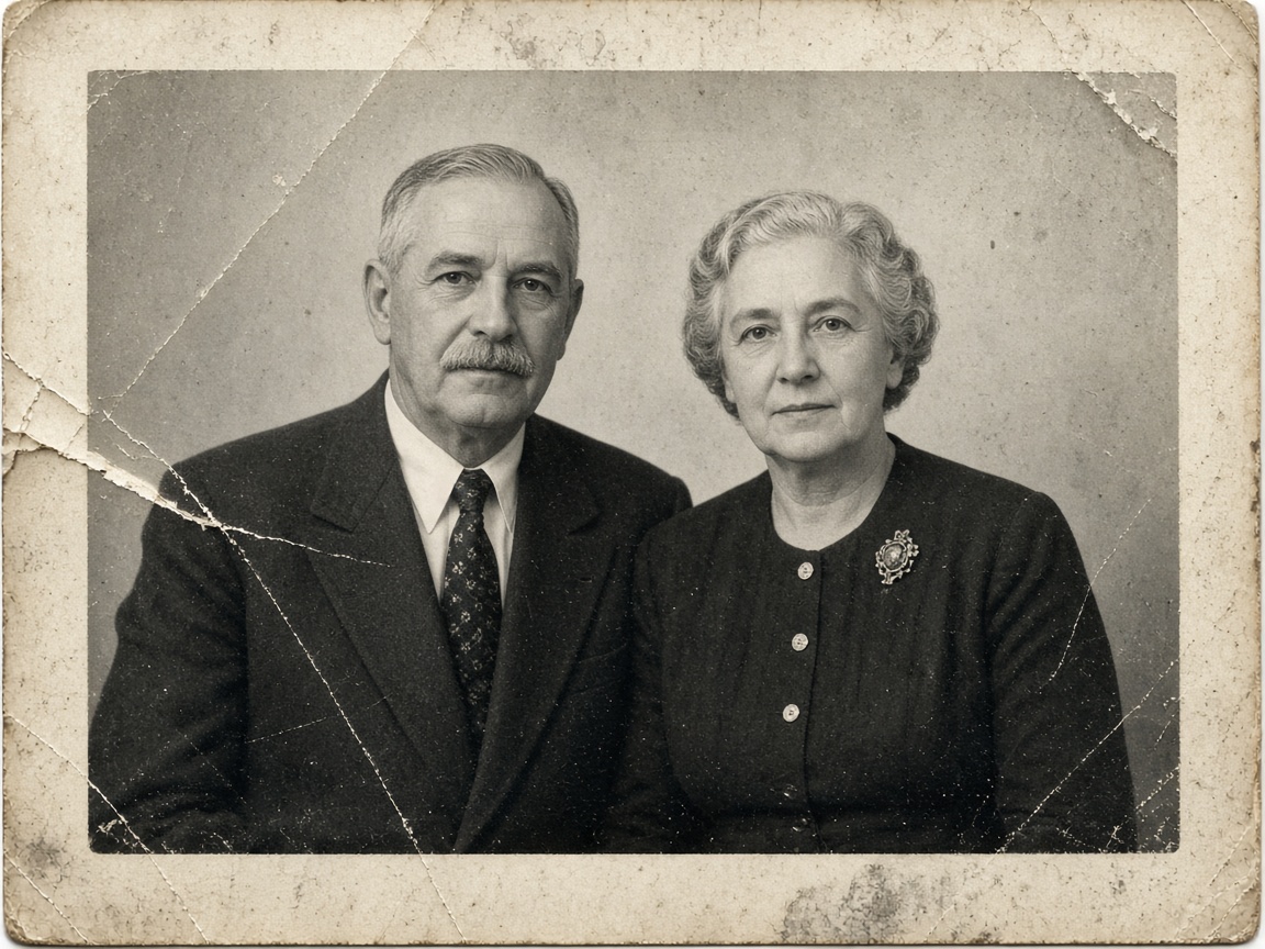 Black-and-white portrait with a torn edge and crease